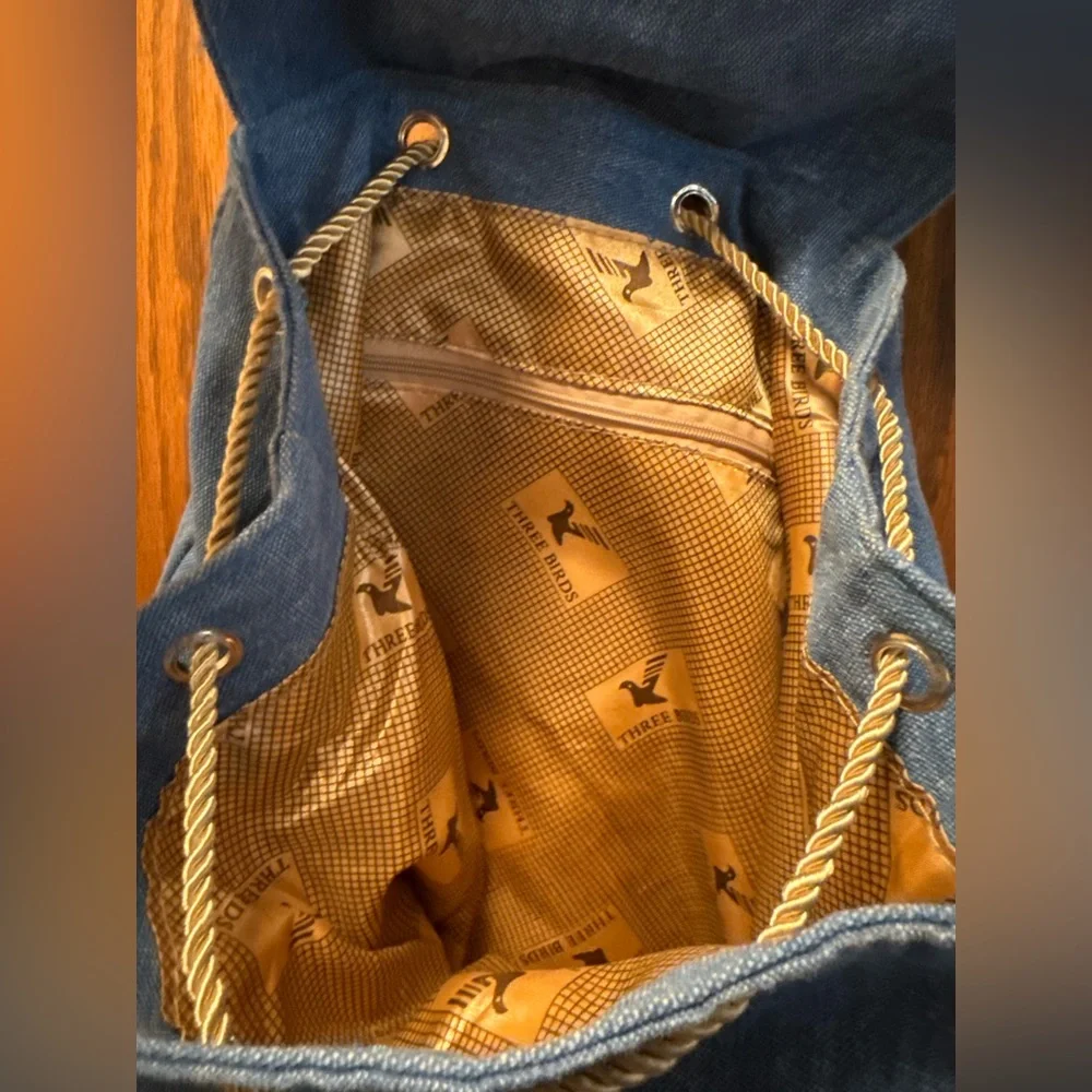 Blue and Tan Drawstring Backpack